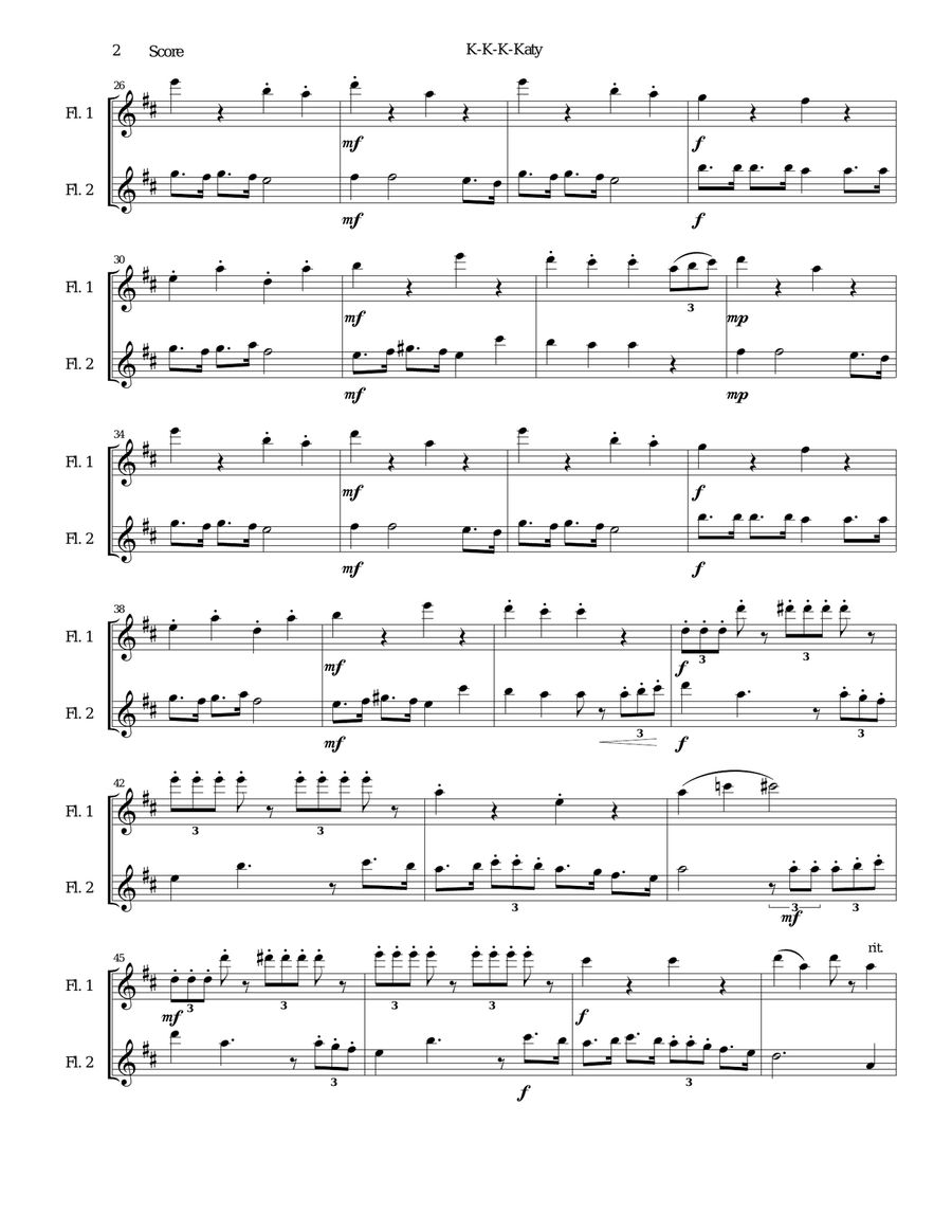 K-K-K-Katy (The stammering song) arranged for 2 flutes Flute Duet scores gallery preview page 2