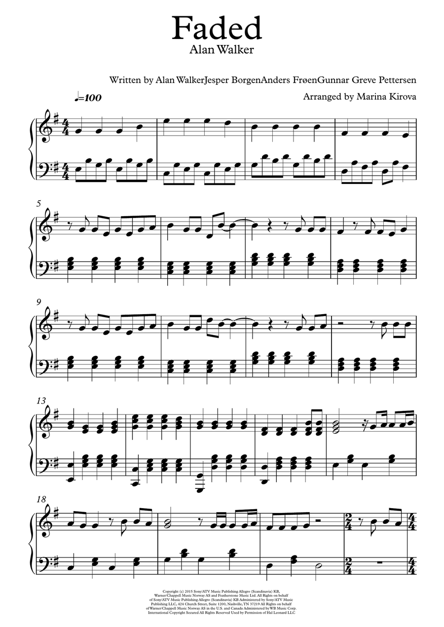 Faded Piano Solo scores gallery preview page 1