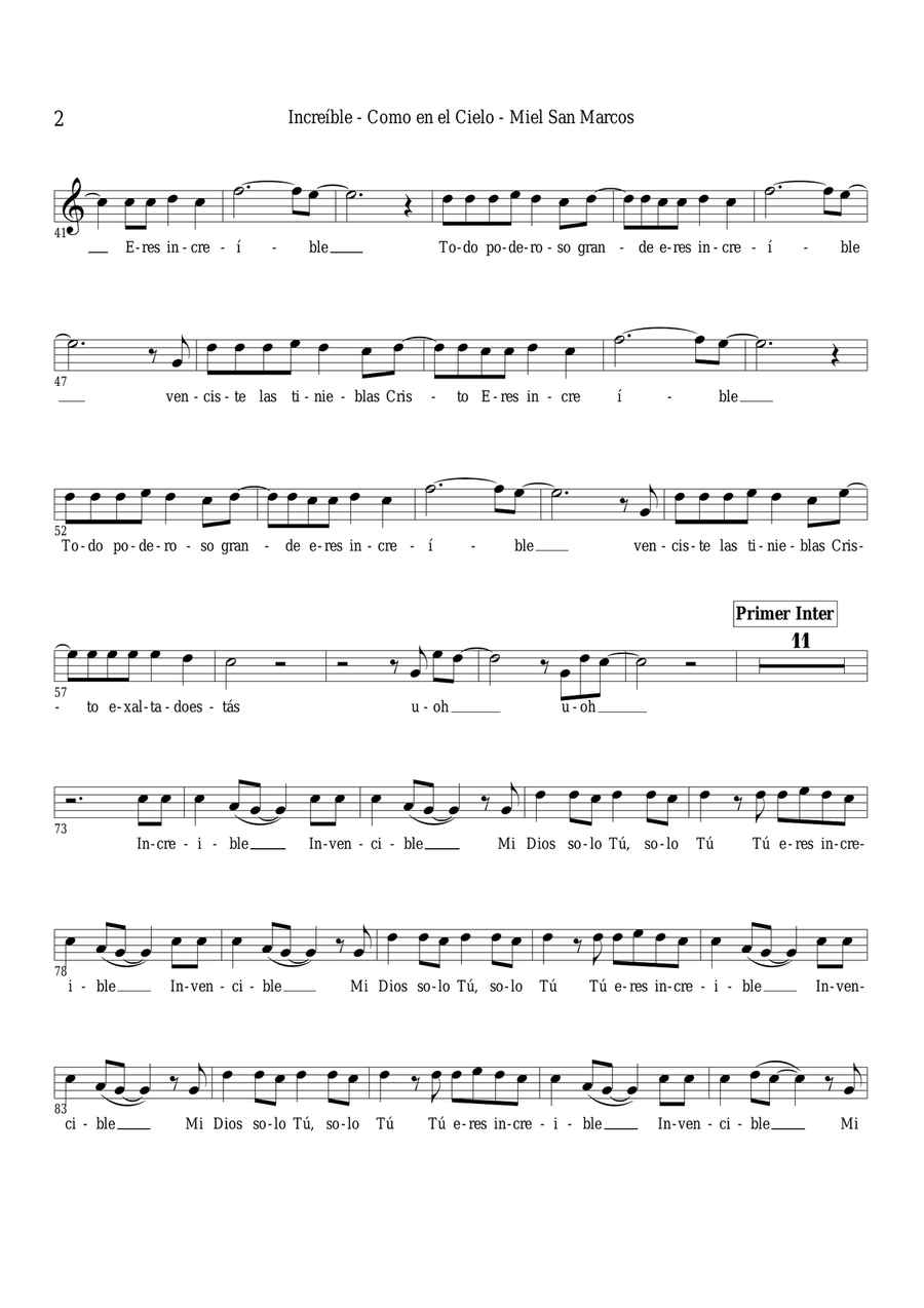 Miel San Marcos - INCREÍBLE (Partitura) - Álbum Como en el Cielo Voice Solo scores gallery preview page 3