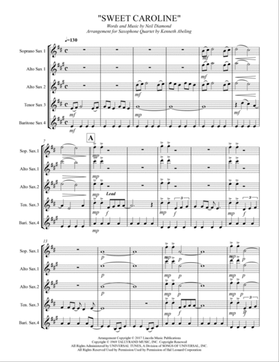 Sweet Caroline Woodwind Quartet scores gallery preview page 2