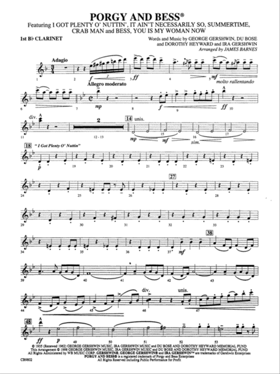 Porgy and Bess® (Medley): 1st B-flat Clarinet Concert Band scores gallery preview page 1