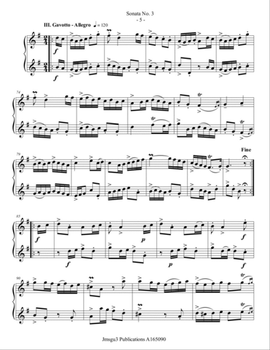 Loeillet: Sonata No. 3 for Baritone Sax Duo Woodwind Duet scores gallery preview page 5