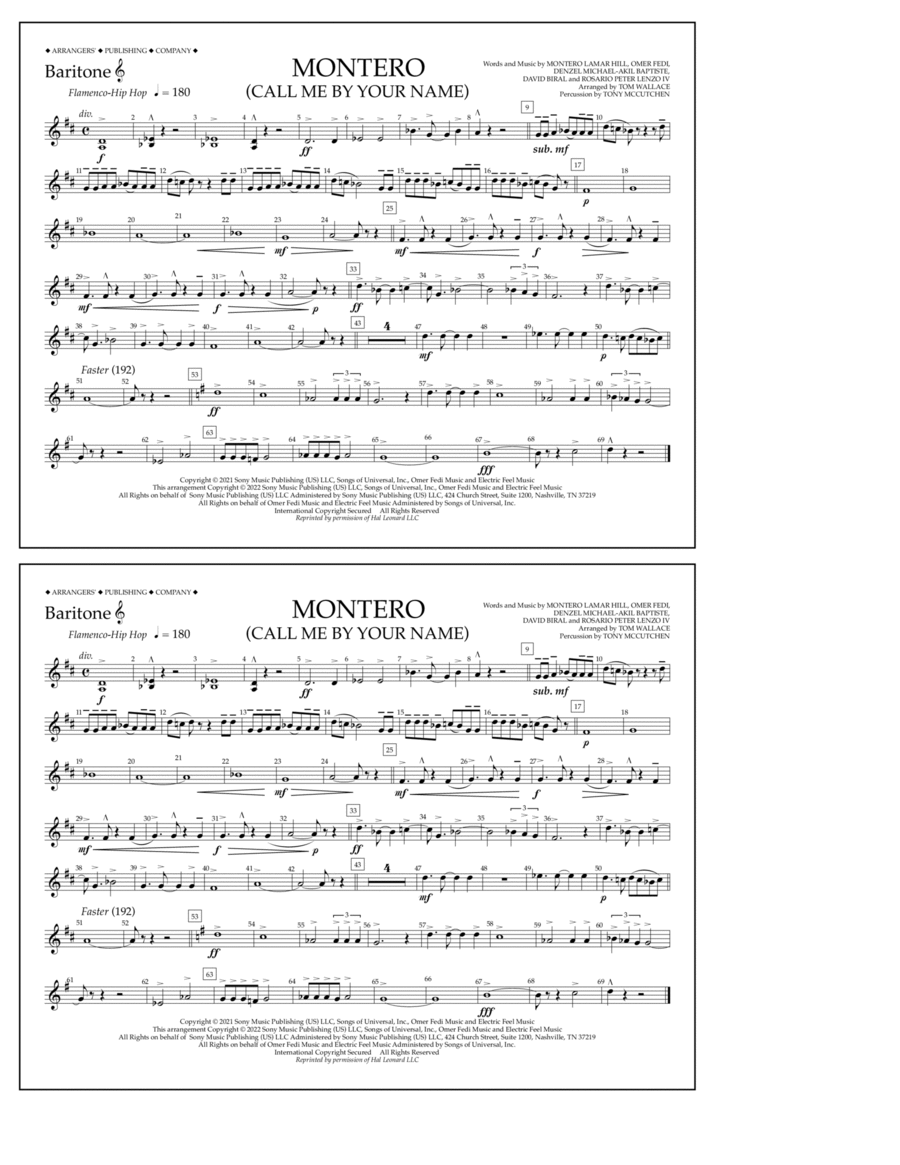 Montero (Call Me By Your Name) (arr. Tom Wallace) - Baritone T.C. Marching Band scores gallery preview page 1