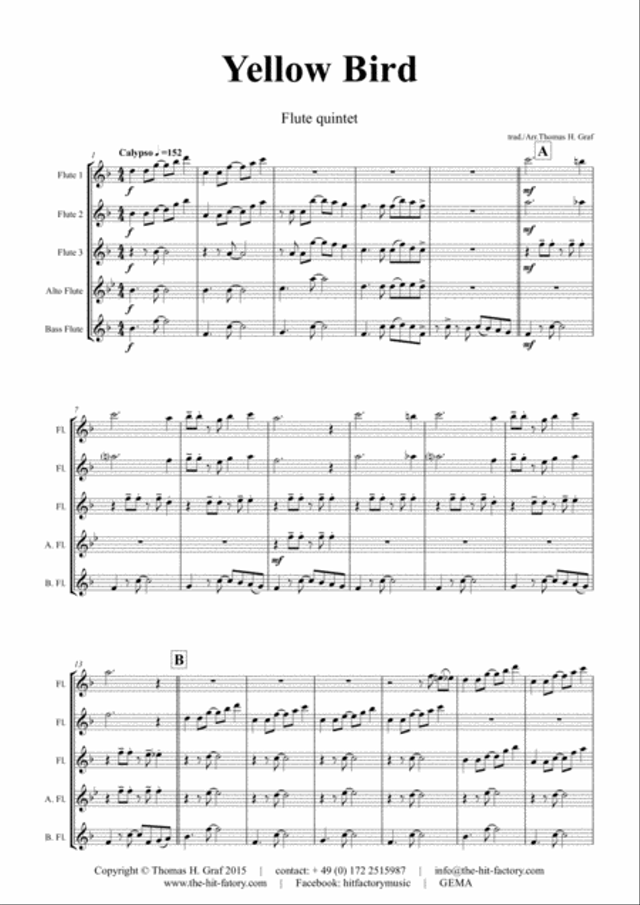 Yellow Bird - Haitian Folk Song - Calypso - Flute Quintet Woodwind Quintet scores gallery preview page 2