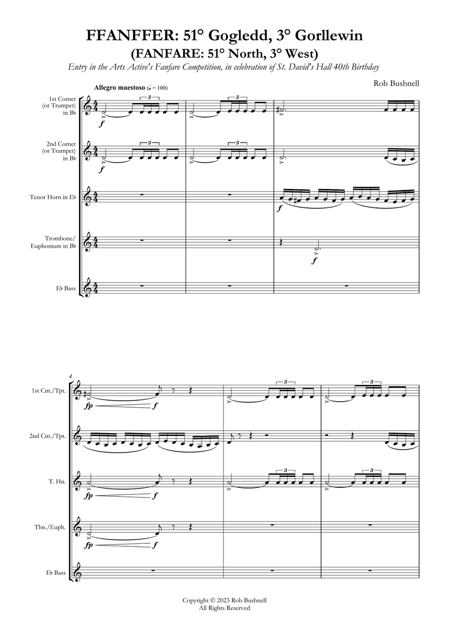 FFANFFER: 51° Gogledd, 3° Gorllewin (FANFARE: 51° North, 3° West) (Rob Bushnell) - Brass Quintet Brass Quintet scores gallery preview page 4