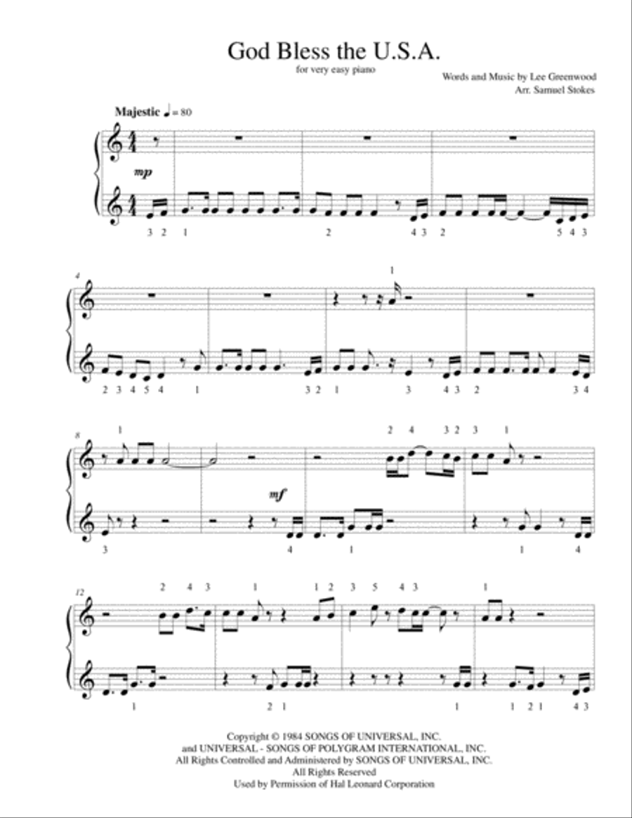 God Bless The U.S.A. Easy Piano scores gallery preview page 1