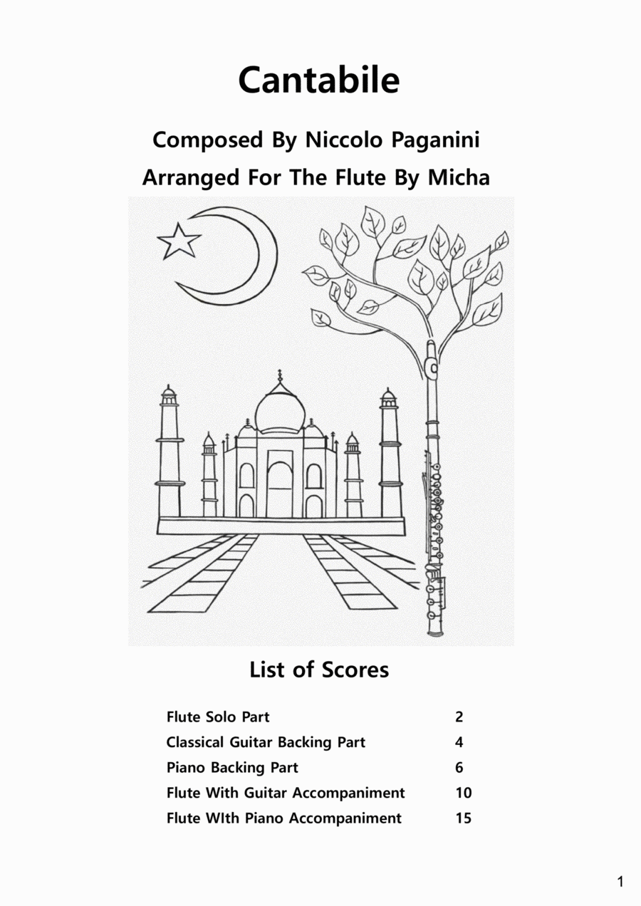 Cantabile By Paganini For Flute With Guitar or Piano Flute Solo scores gallery preview page 1