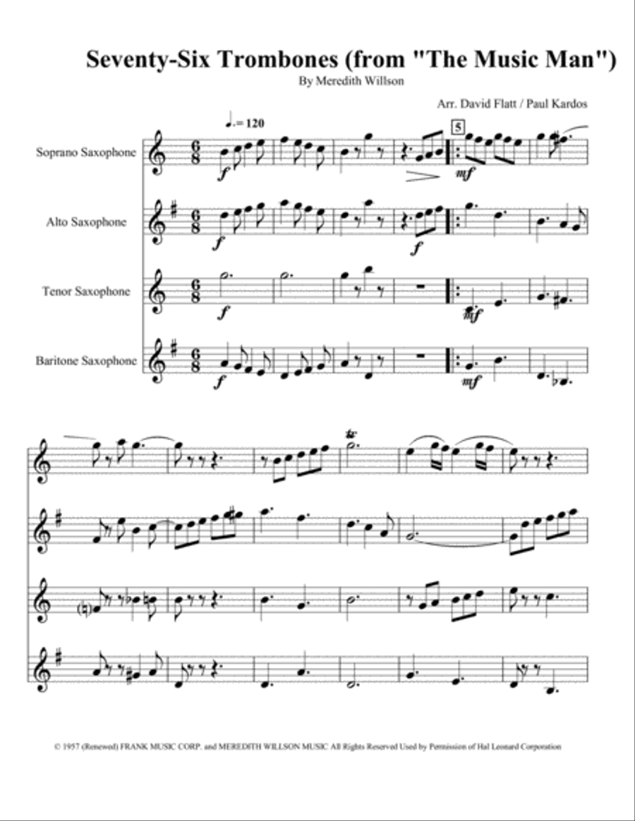 Seventy Six Trombones Woodwind Quartet scores gallery preview page 1