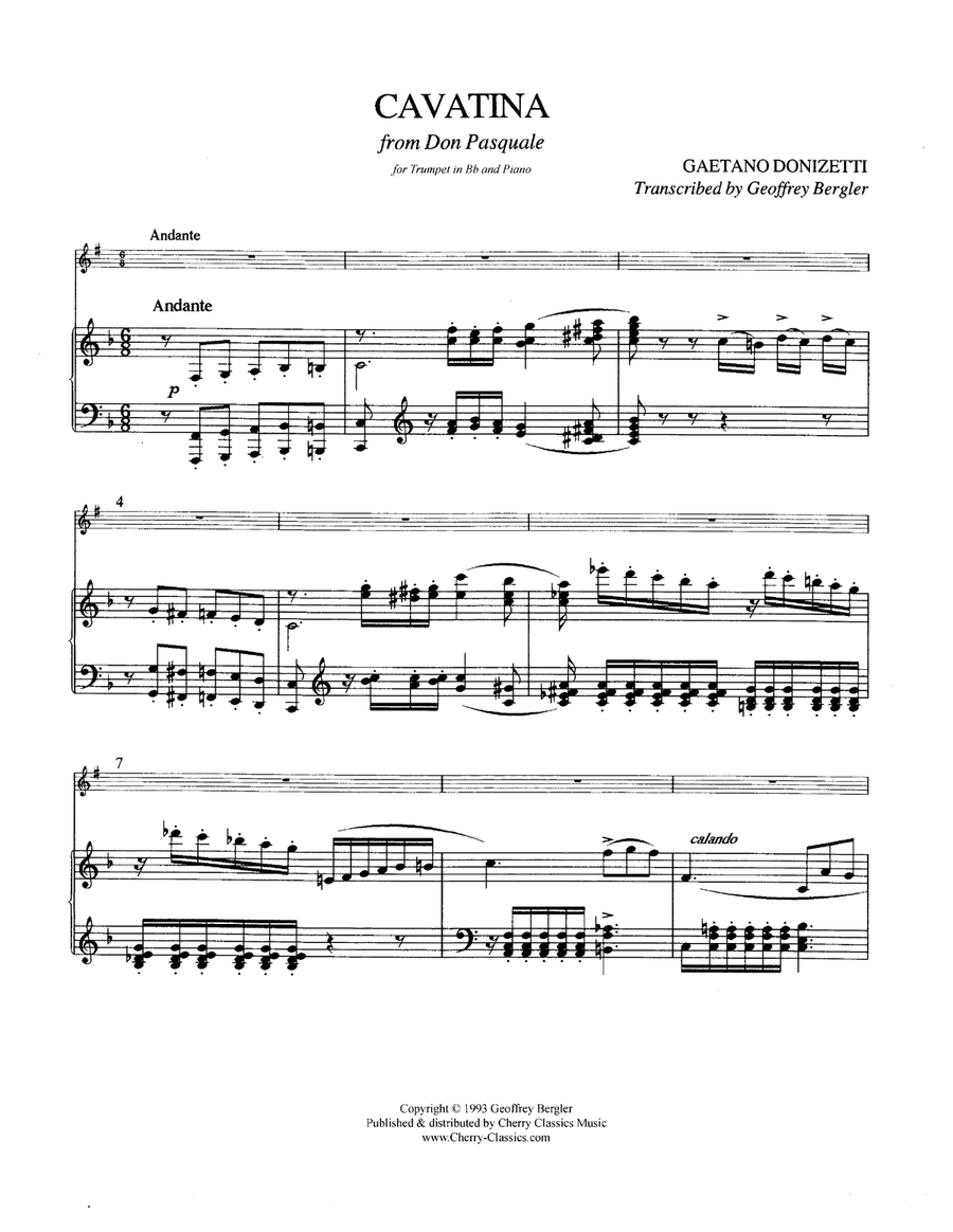 Cavatina from Don Pasquale for Trumpet & Piano B-Flat Trumpet scores gallery preview page 1