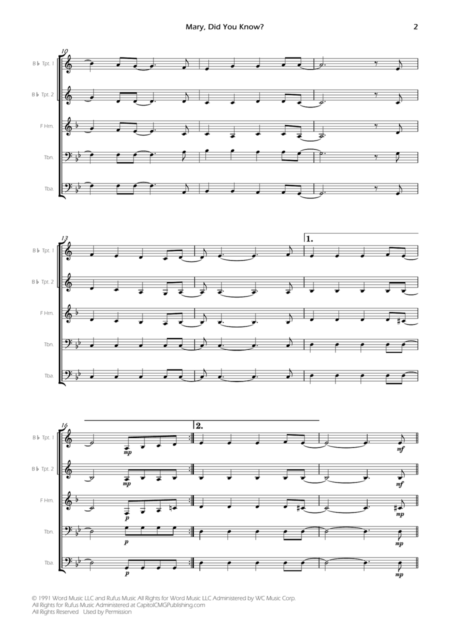Mary, Did You Know? - Score Only Brass Quintet scores gallery preview page 2