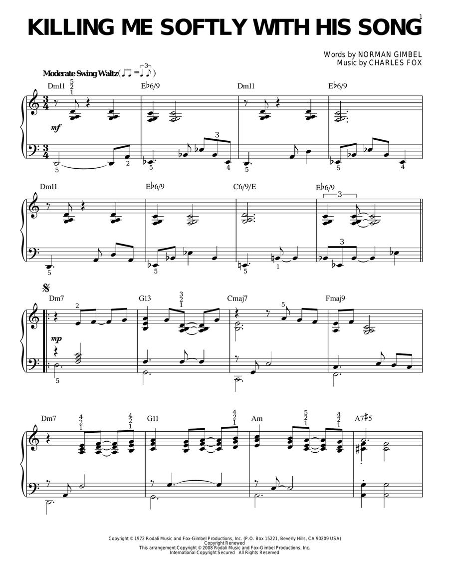 Killing Me Softly With His Song [Jazz version] (arr. Brent Edstrom) Piano Solo scores gallery preview page 1