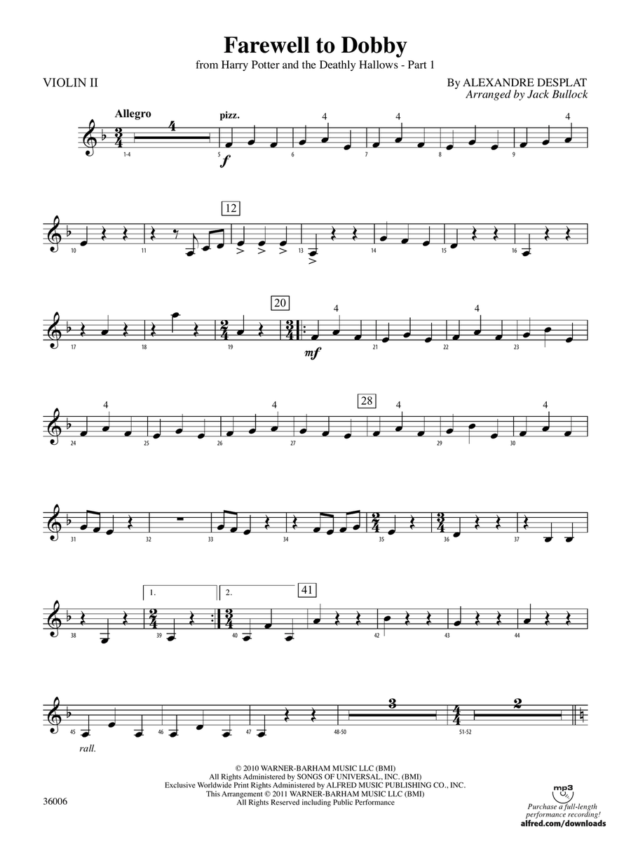 Farewell to Dobby (from Harry Potter and the Deathly Hallows, Part 1): 2nd Violin