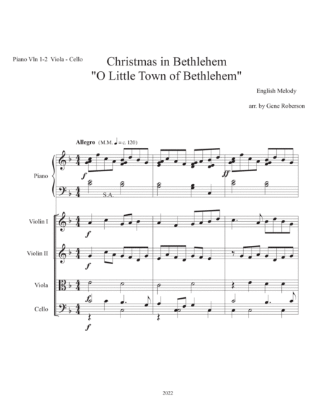 O Little Town of Bethlehem String Quartet w Piano Forest Green Tune