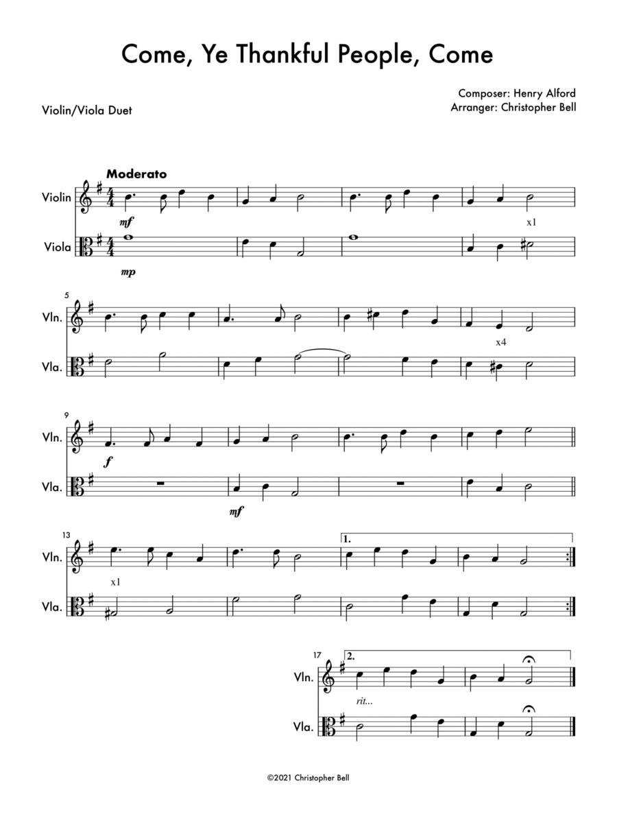Come, Ye Thankful People, Come - Violin/Viola Duet String Duet scores gallery preview page 1