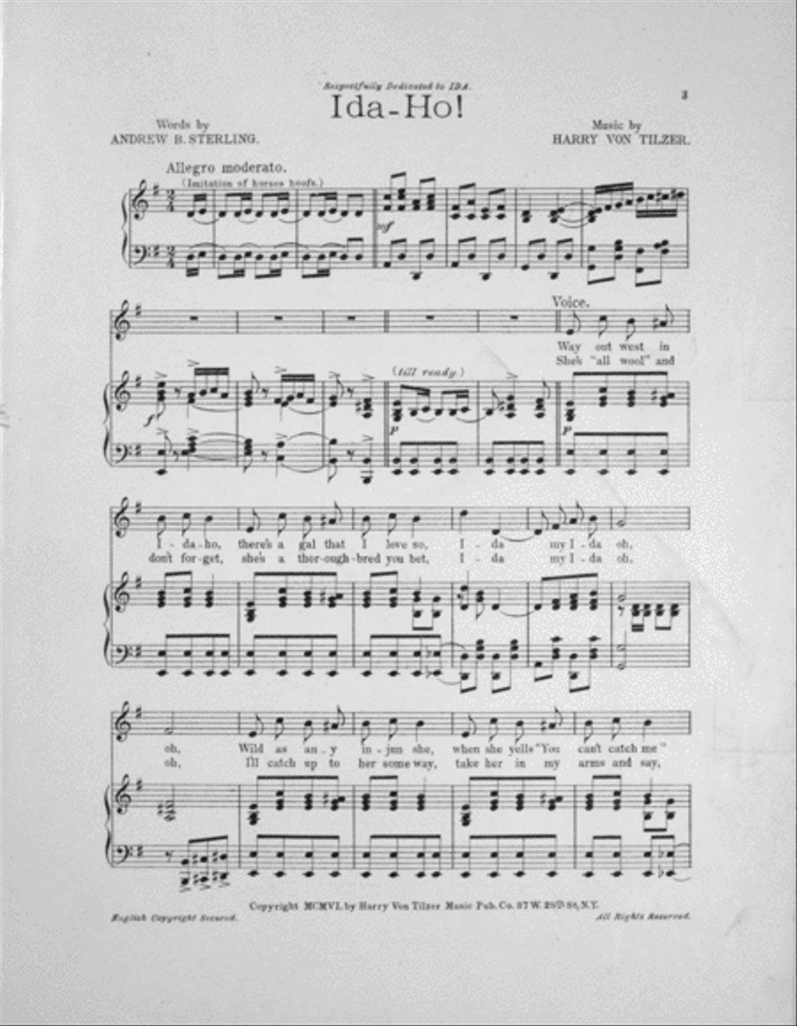 Ida Ho. Harry Von Tilzer's Great Wild Western Song Voice scores gallery preview page 2