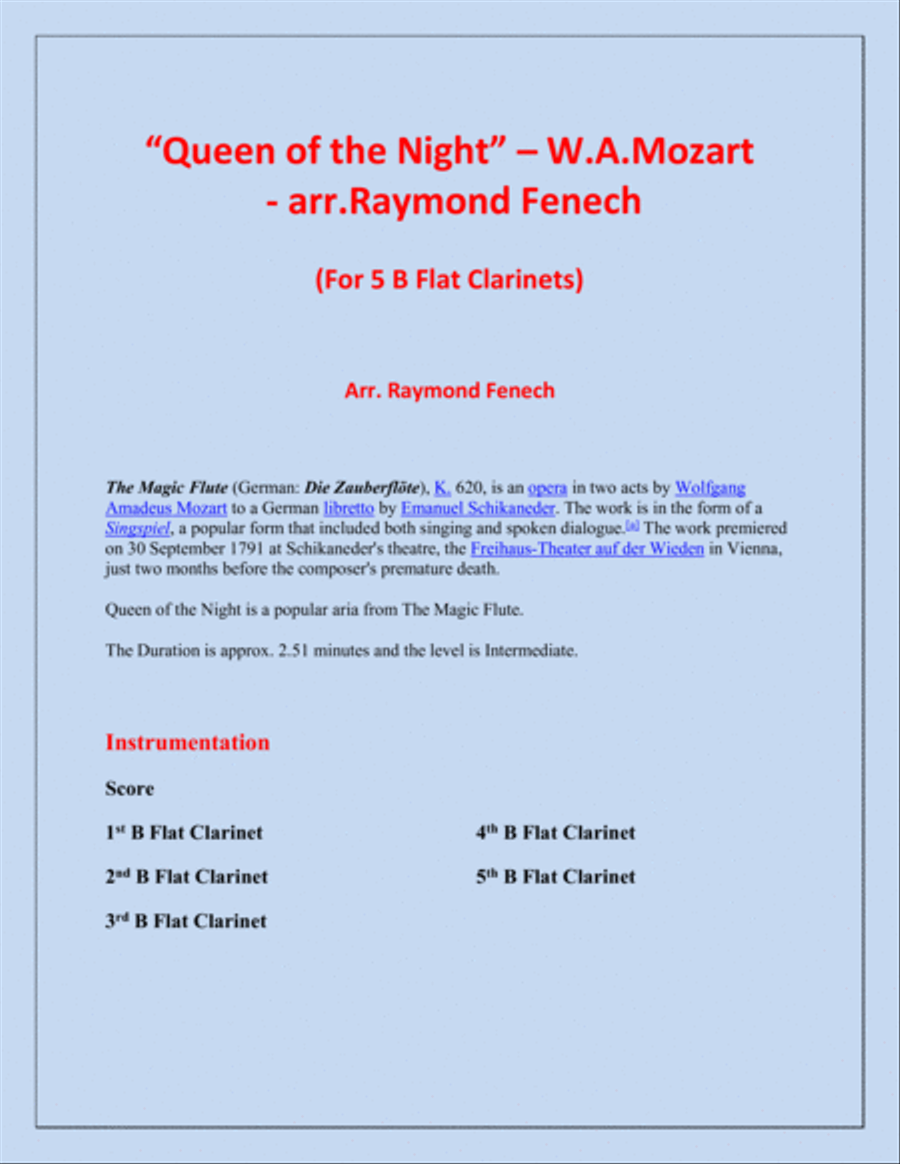 Queen of the Night - From the Magic Flute - 5 B Flat Clarinets Quintet Clarinet Quintet scores gallery preview page 2