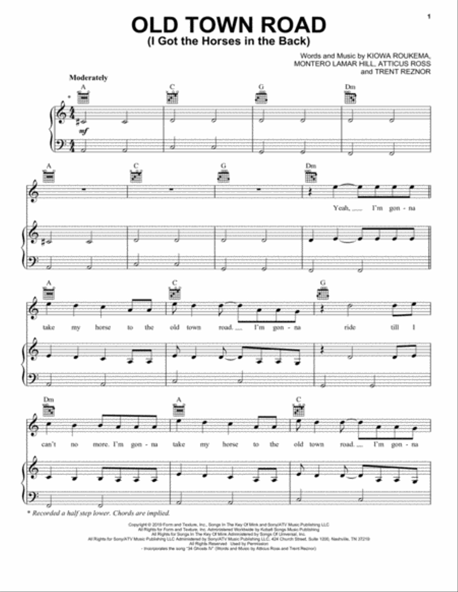 Old Town Road (I Got The Horses In The Back) Piano, Vocal, Guitar scores gallery preview page 1