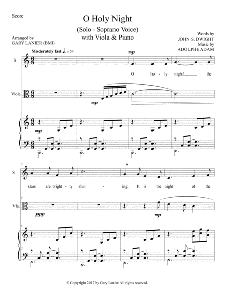 O HOLY NIGHT (Soprano Solo with Viola & Piano - Score & Parts included) image number null