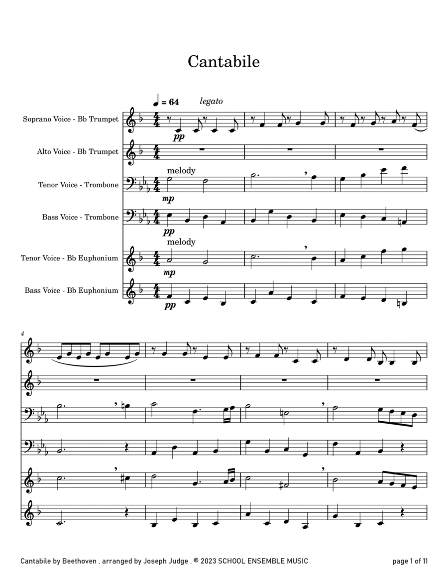 Cantabile by Beethoven for Brass Quartet in Schools Brass Quartet scores gallery preview page 1
