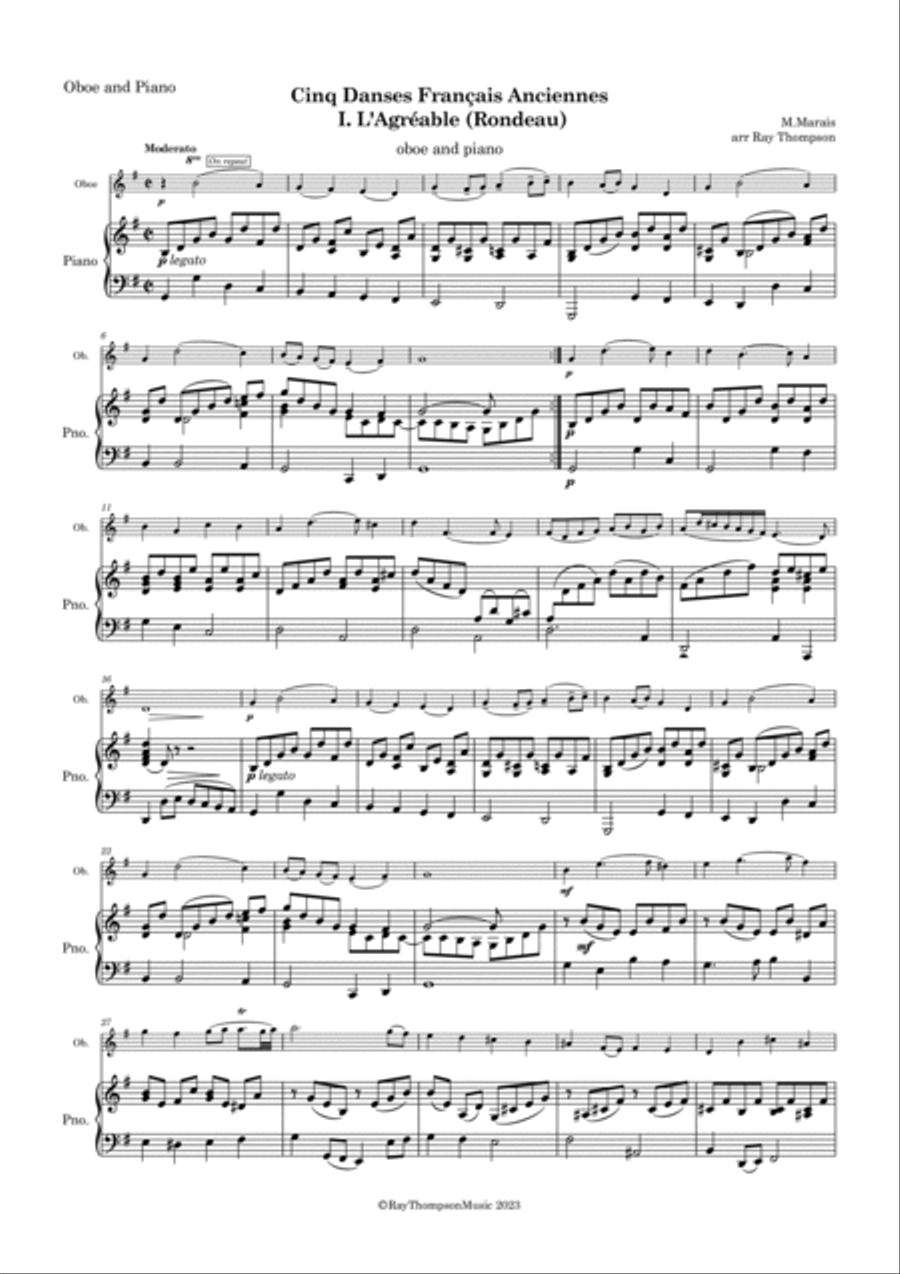 Marais: Cinq Danses Français Anciennes (Five Old French Dances) I. L'Agréable - oboe/piano Piano scores gallery preview page 2