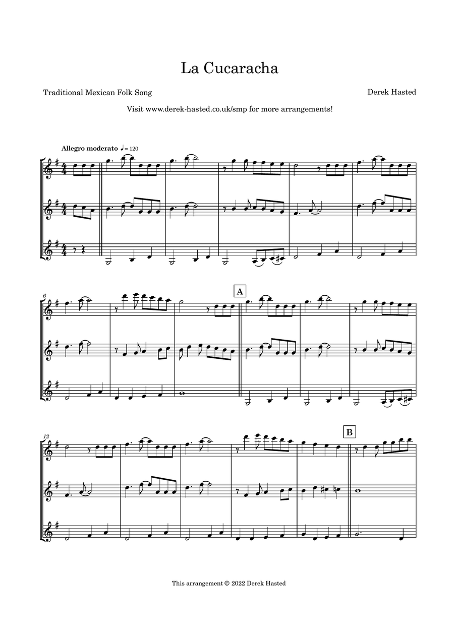 La Cucaracha (Mexican Folk Song) for early intermediate Guitar Trio/large ensemble Large Ensemble scores gallery preview page 6