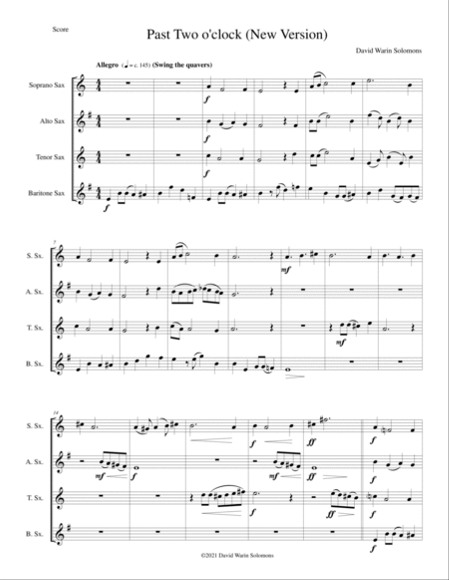 Past two o'clock for saxophone quartet (New version) Saxophone Quartet scores gallery preview page 1