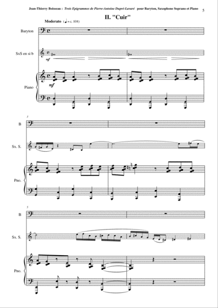 Jean-Thierry Boisseau: Trois Épigrammes de Pierre-Antoine Dupré-Lavaré for baritone, soprano saxopho Small Ensemble scores gallery preview page 6