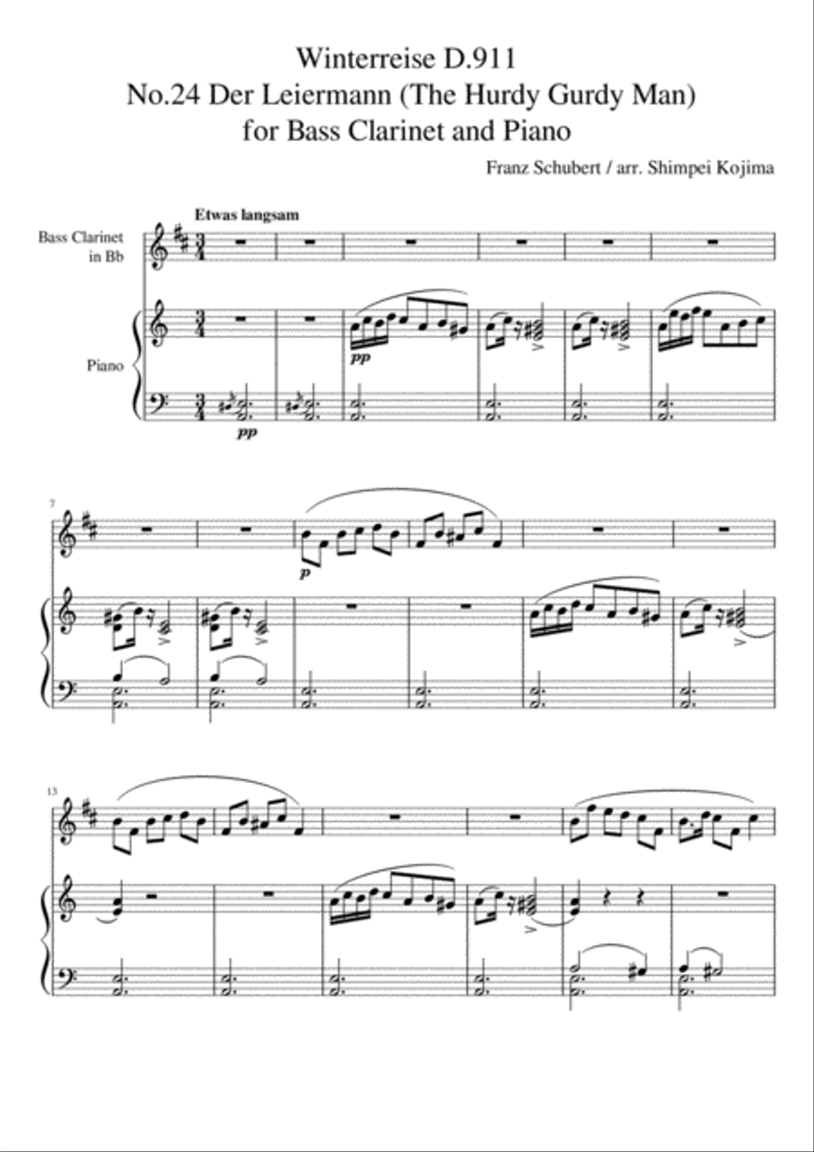 Schubert : Winterreise D.911 - 24.Der Leiermann (The Hurdy Gurdy Man), for Bass Clarinet and Piano Small Ensemble scores gallery preview page 1