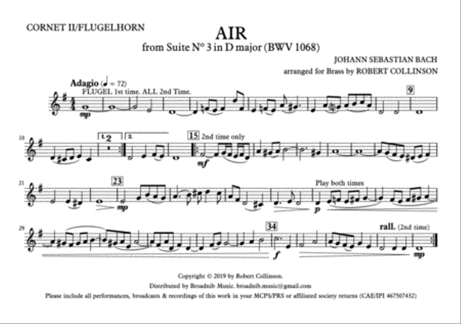 AIR FROM SUITE IN D (BWV 1068) (Bach) - March card parts (A5) only Brass Ensemble scores gallery preview page 2