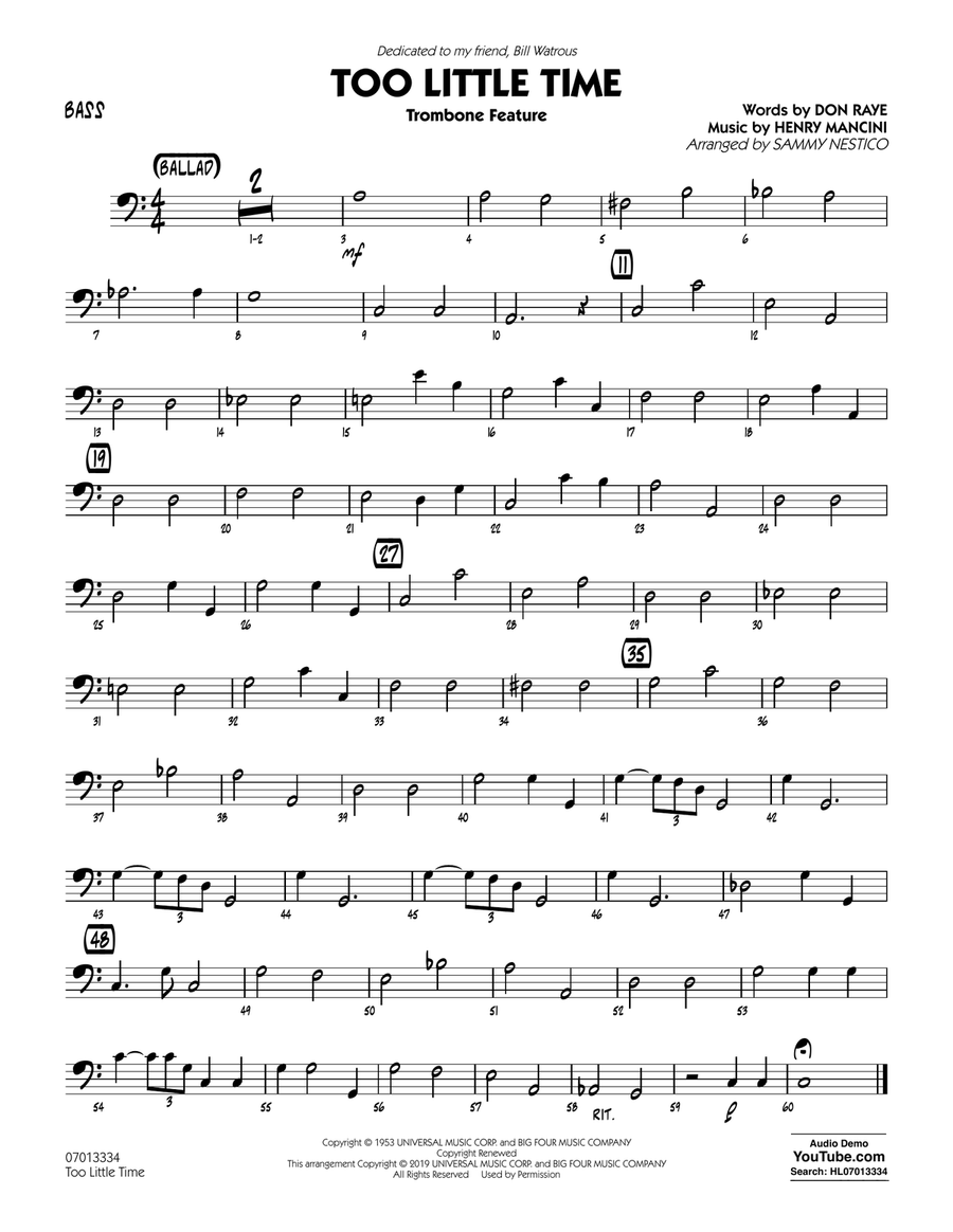 Too Little Time (arr. Sammy Nestico) - Conductor Score (Full Score) - Bass