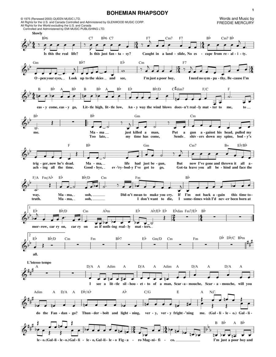 Bohemian Rhapsody Piano scores gallery preview page 1
