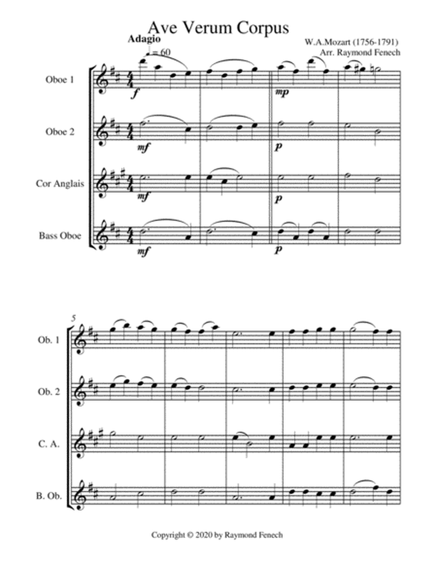 Ave Verum Corpus - Oboe Quartet - Intermediate level image number null