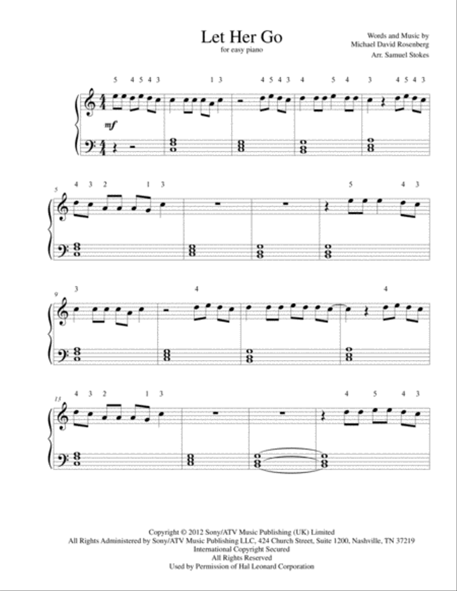 Let Her Go Let Her Go Easy Piano scores gallery preview page 1