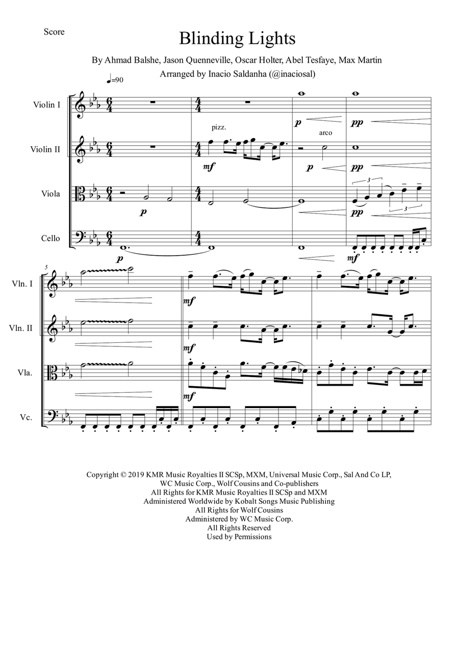 Blinding Lights String Quartet scores gallery preview page 1