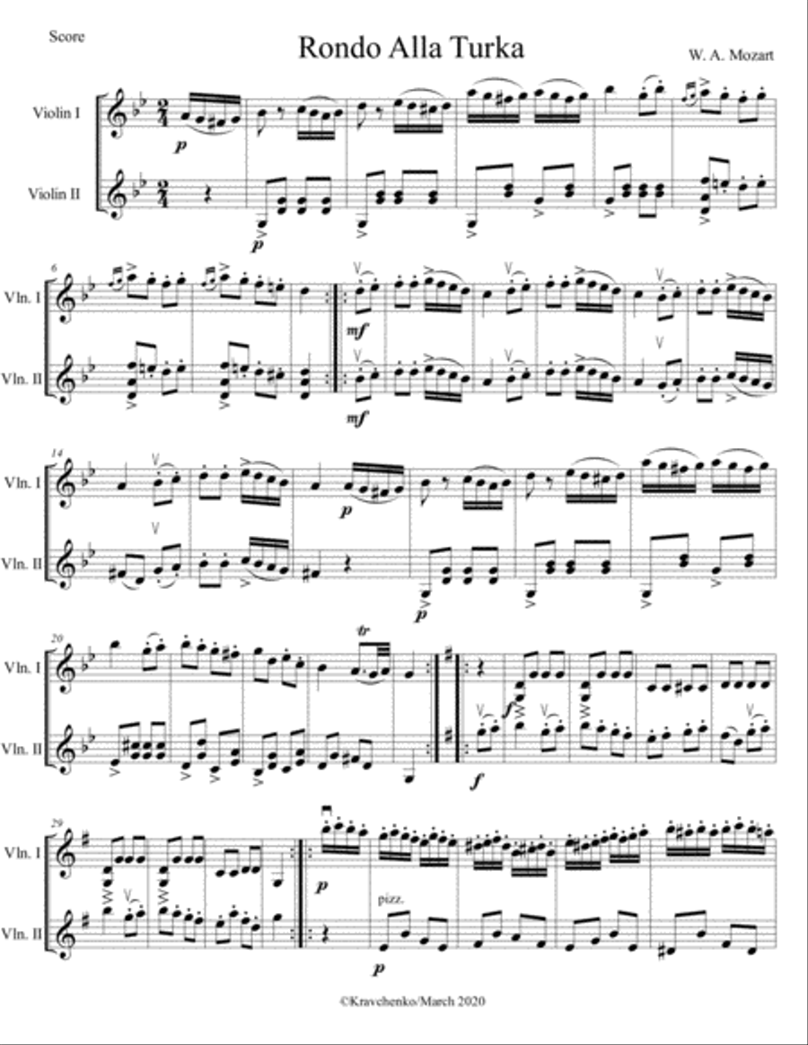 Wolfgang Amadeus Mozart - Rondo Alla Turca (Turkish March) arr. for violin duo (score and parts) String Duet scores gallery preview page 1