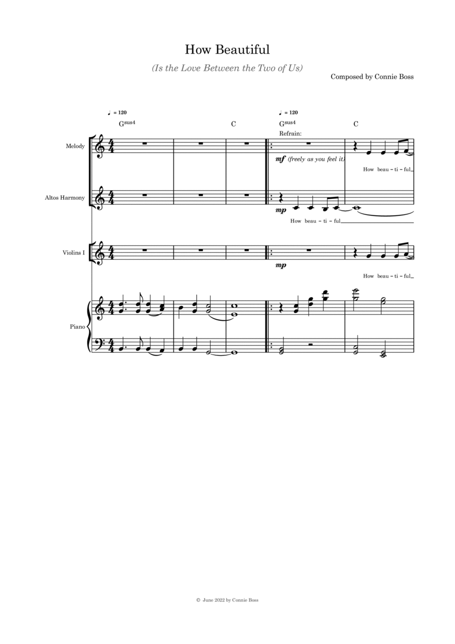 How Beautiful (Is the Love Between the Two of Us) - Alto duet, violin and piano Guitar scores gallery preview page 1