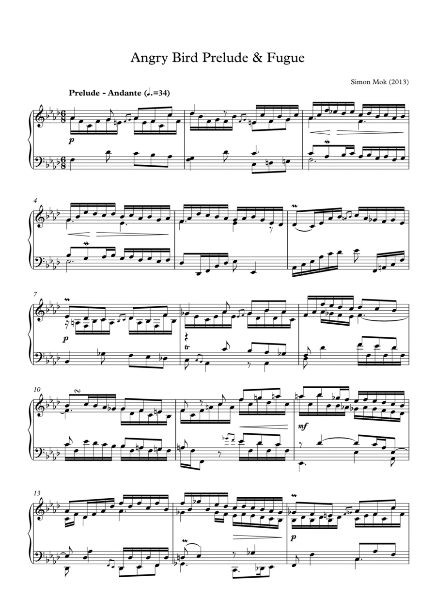 Angry Bird Prelude and Fugue Piano Solo scores gallery preview page 1