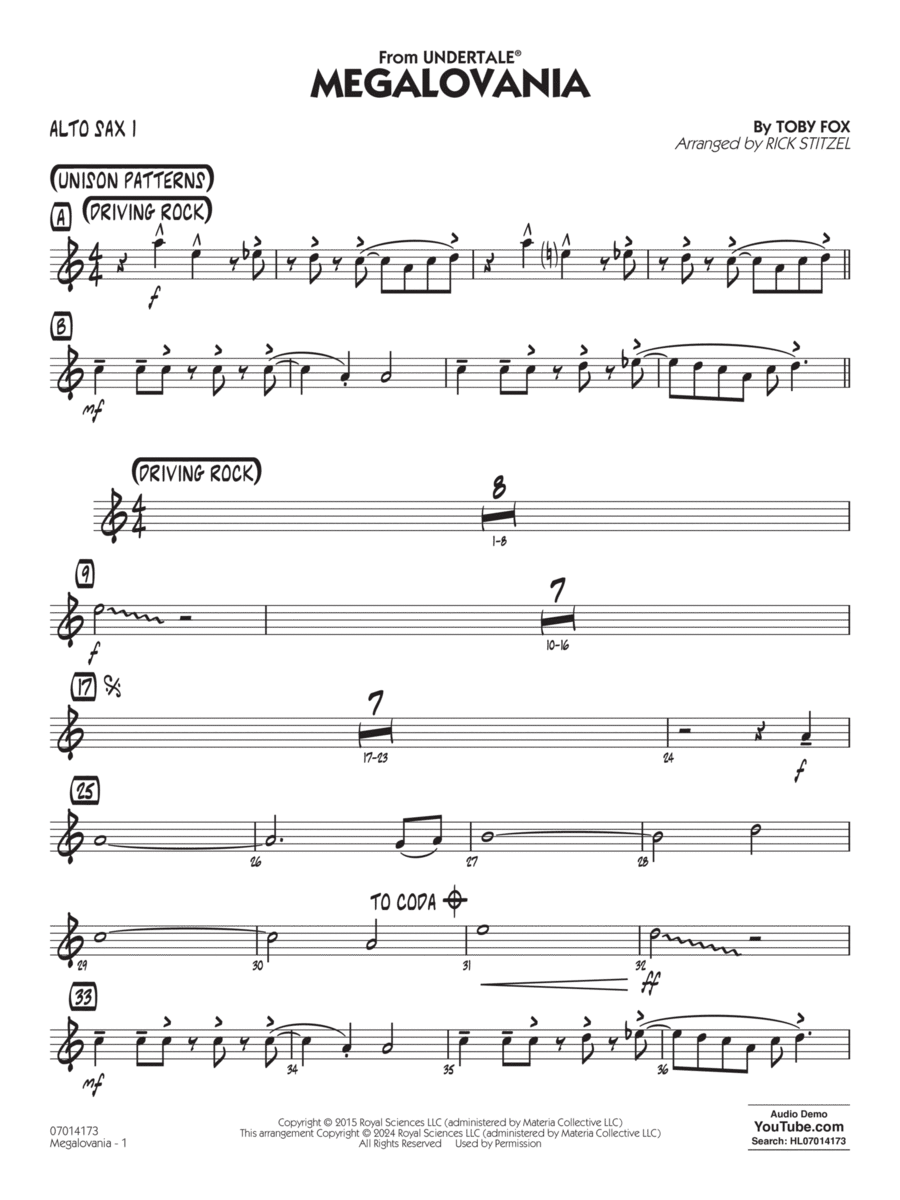 Megalovania (arr. Rick Stitzel) - Alto Sax 1 Jazz Ensemble scores gallery preview page 1