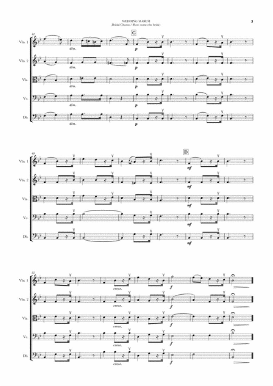 Wedding March (Bridal Chorus - Here comes the Bride) for String Quintet (2 Violins, Viola, Cello and String Quartet scores gallery preview page 3