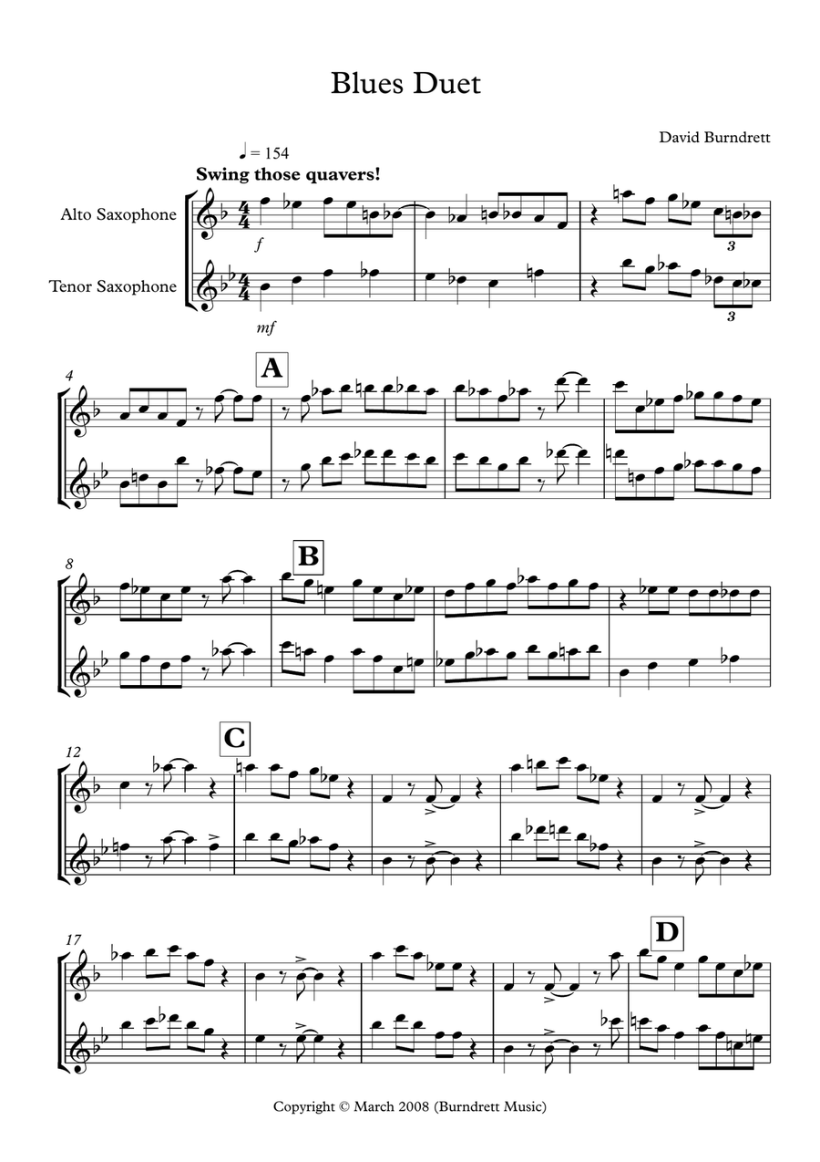 Blues Duet for Alto and Tenor Saxophone Woodwind Duet scores gallery preview page 1