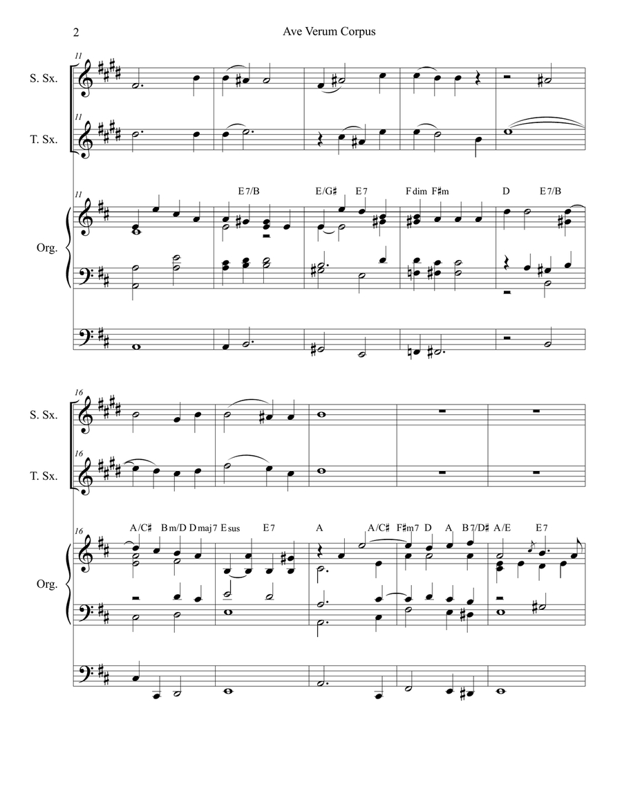 Ave Verum Corpus (Duet for Soprano and Tenor Saxophone - Organ Accompaniment) Woodwind Duet scores gallery preview page 2