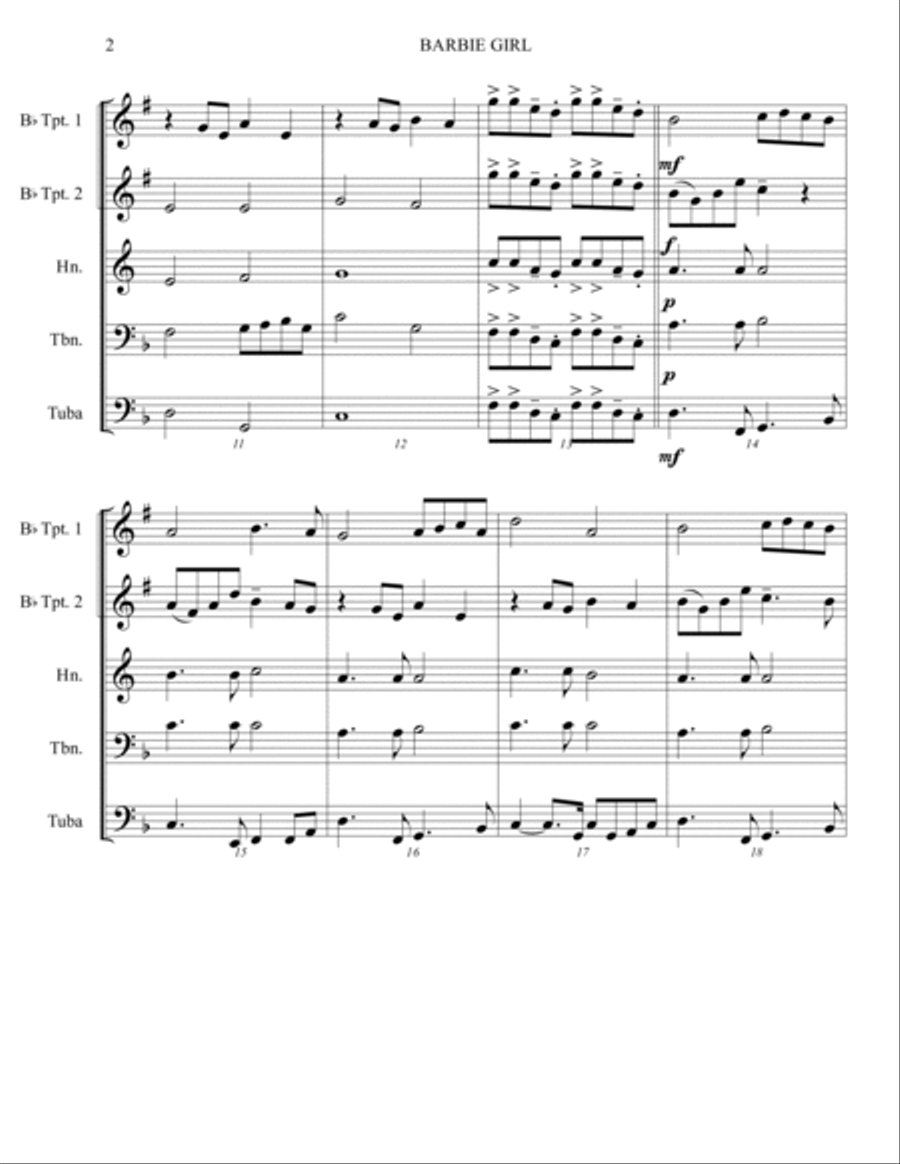 Barbie Girl Brass Quintet scores gallery preview page 2