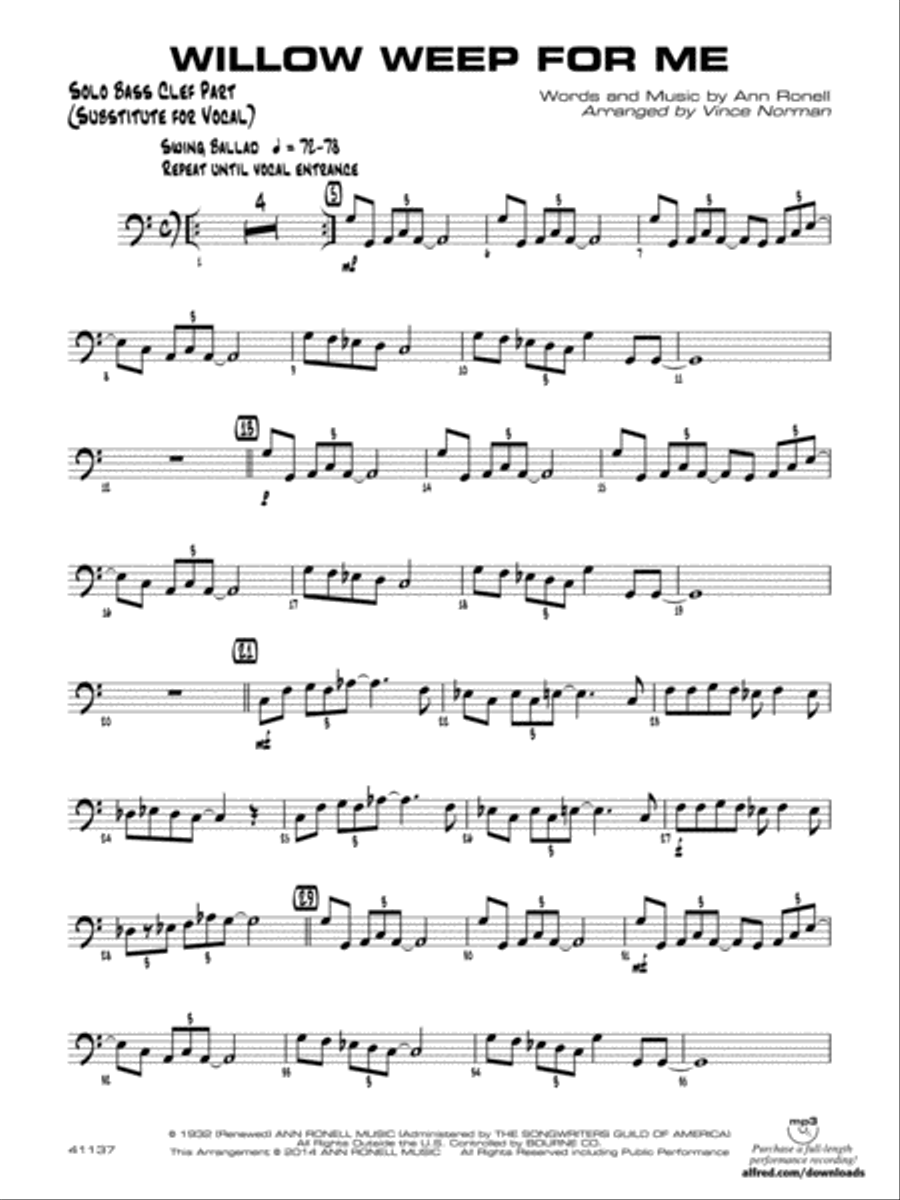Willow Weep for Me: Solo Bass Clef Part (Substitute for Vocal) Jazz Ensemble scores gallery preview page 1