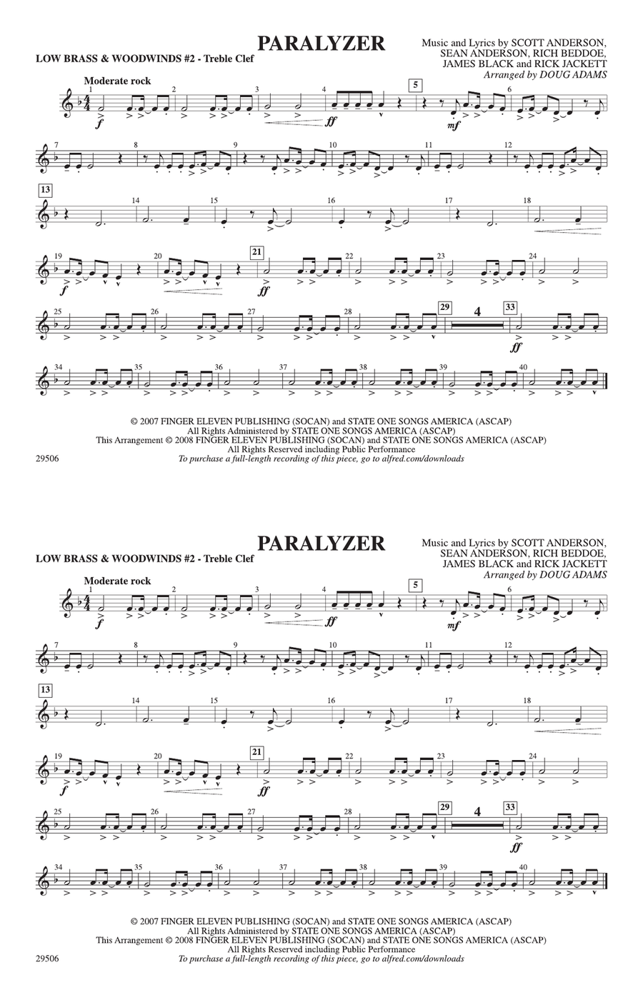 Paralyzer: Low Brass & Woodwinds #2 - Treble Clef