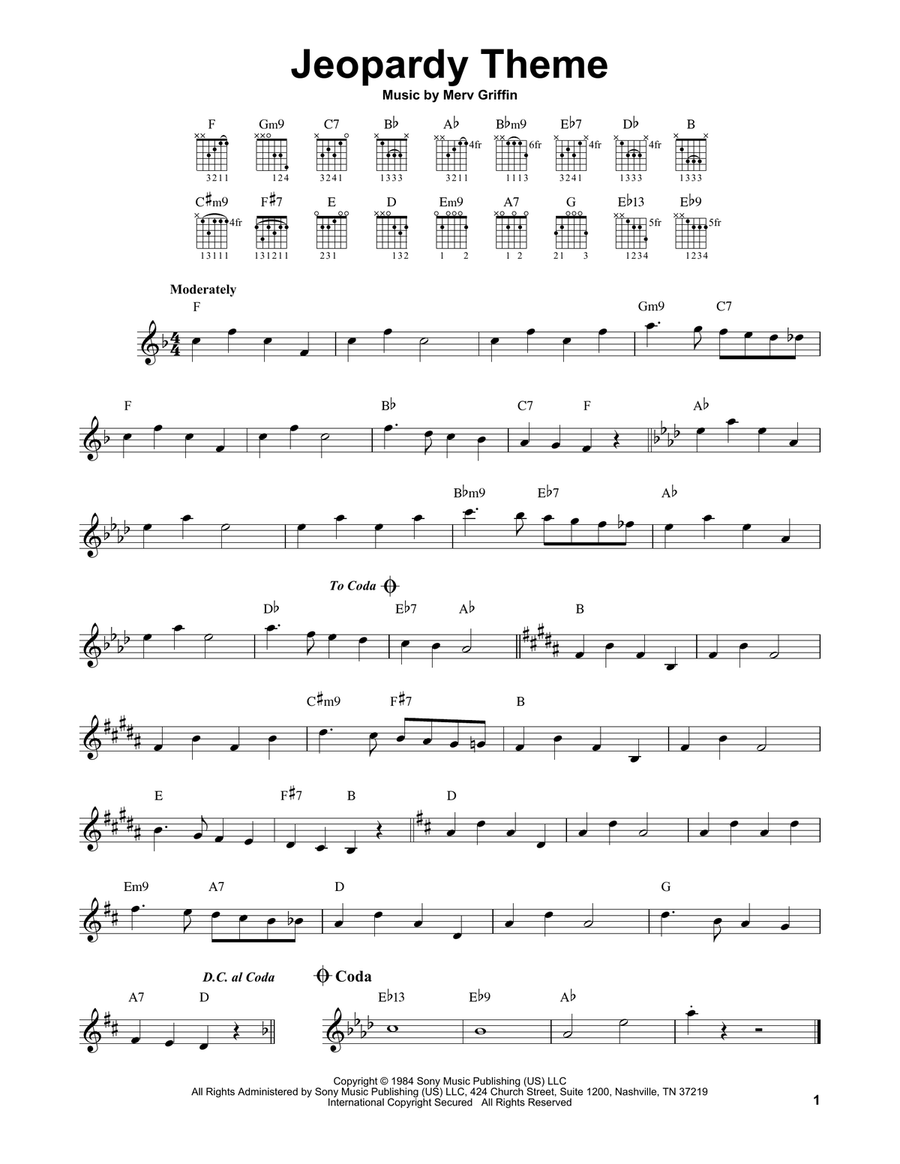 Jeopardy Theme Easy Guitar scores gallery preview page 1