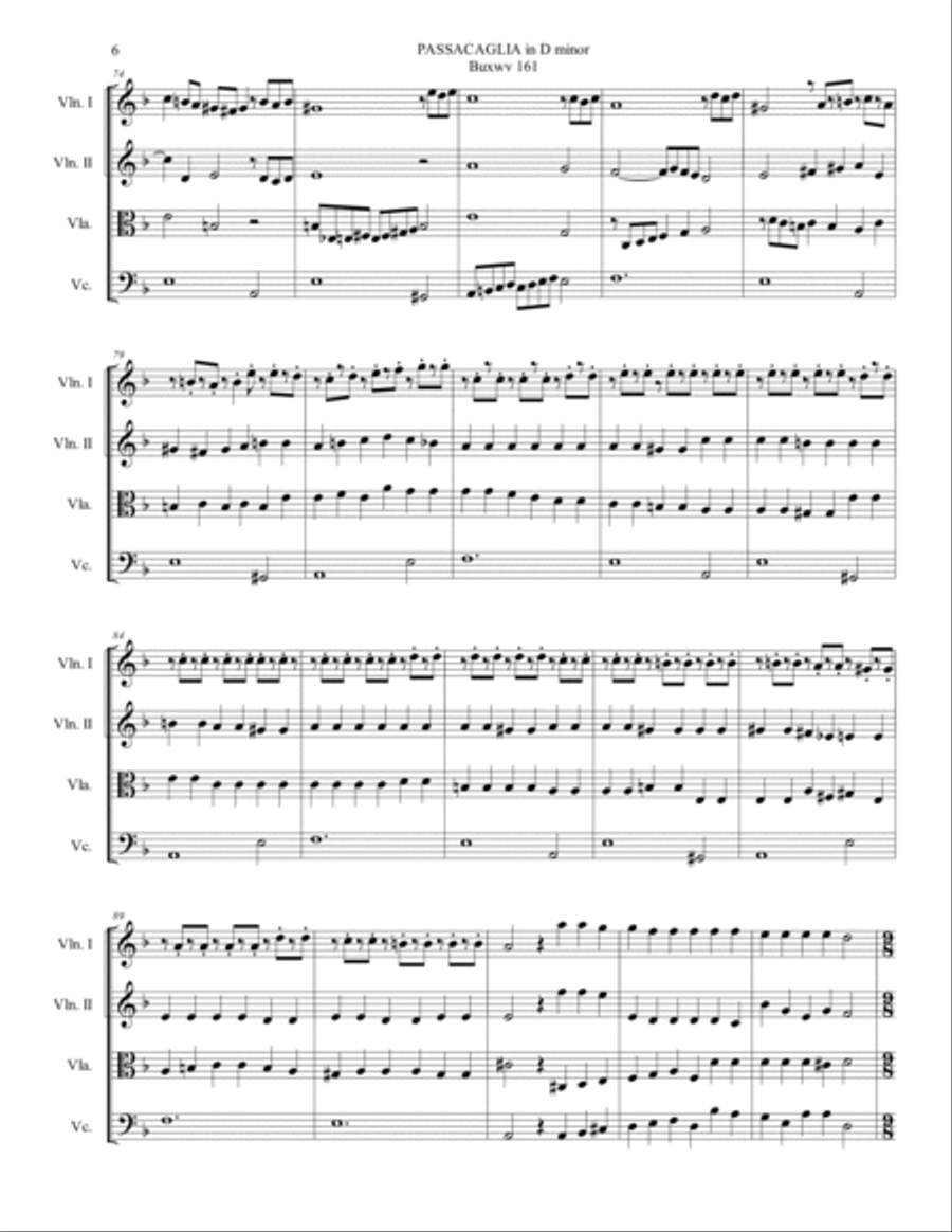 BUXTEHUDE - PASSACAGLIA IN D MINOR - BuxWv 161 - Arr. for String Quartet String Quartet scores gallery preview page 5