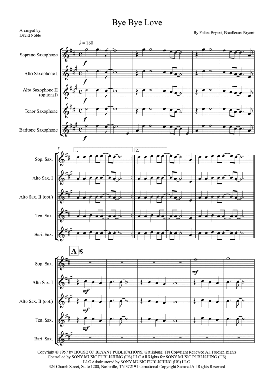 Bye Bye Love Saxophone Quartet scores gallery preview page 1