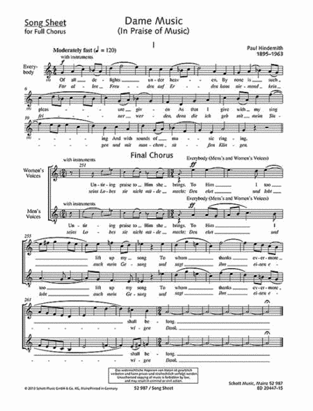 Dame Music (in Praise Of Music) Separate Part - Song Sheet For Full Chorus Ger/eng