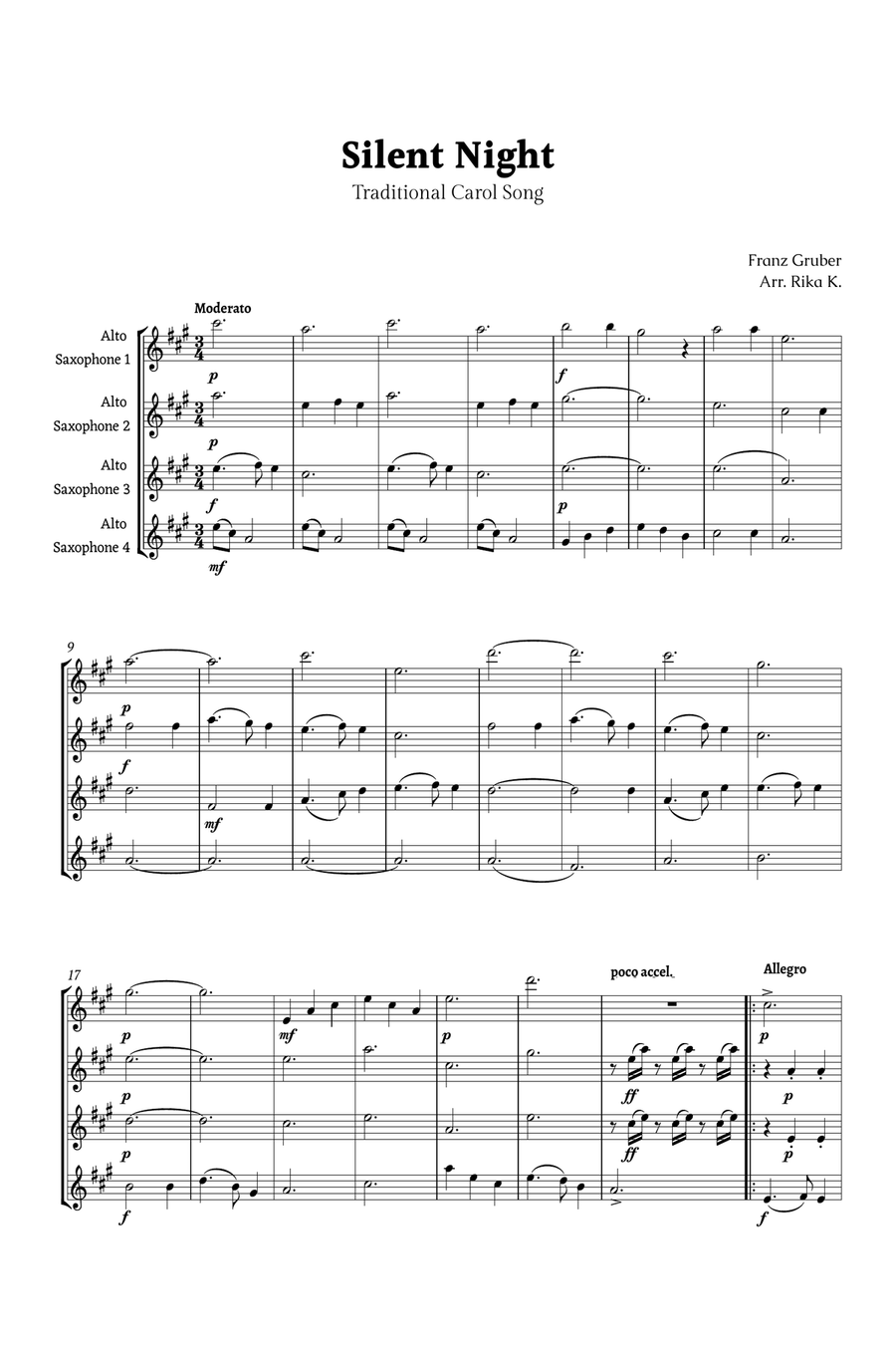 Silent Night for Alto Sax Quartet Saxophone Quartet scores gallery preview page 1
