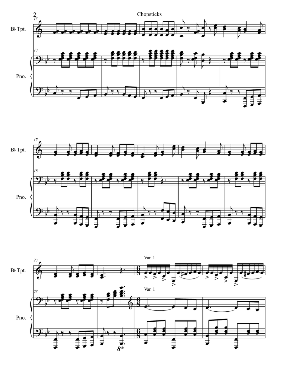 Theme and Variations on Chopsticks Trumpet Duet scores gallery preview page 6